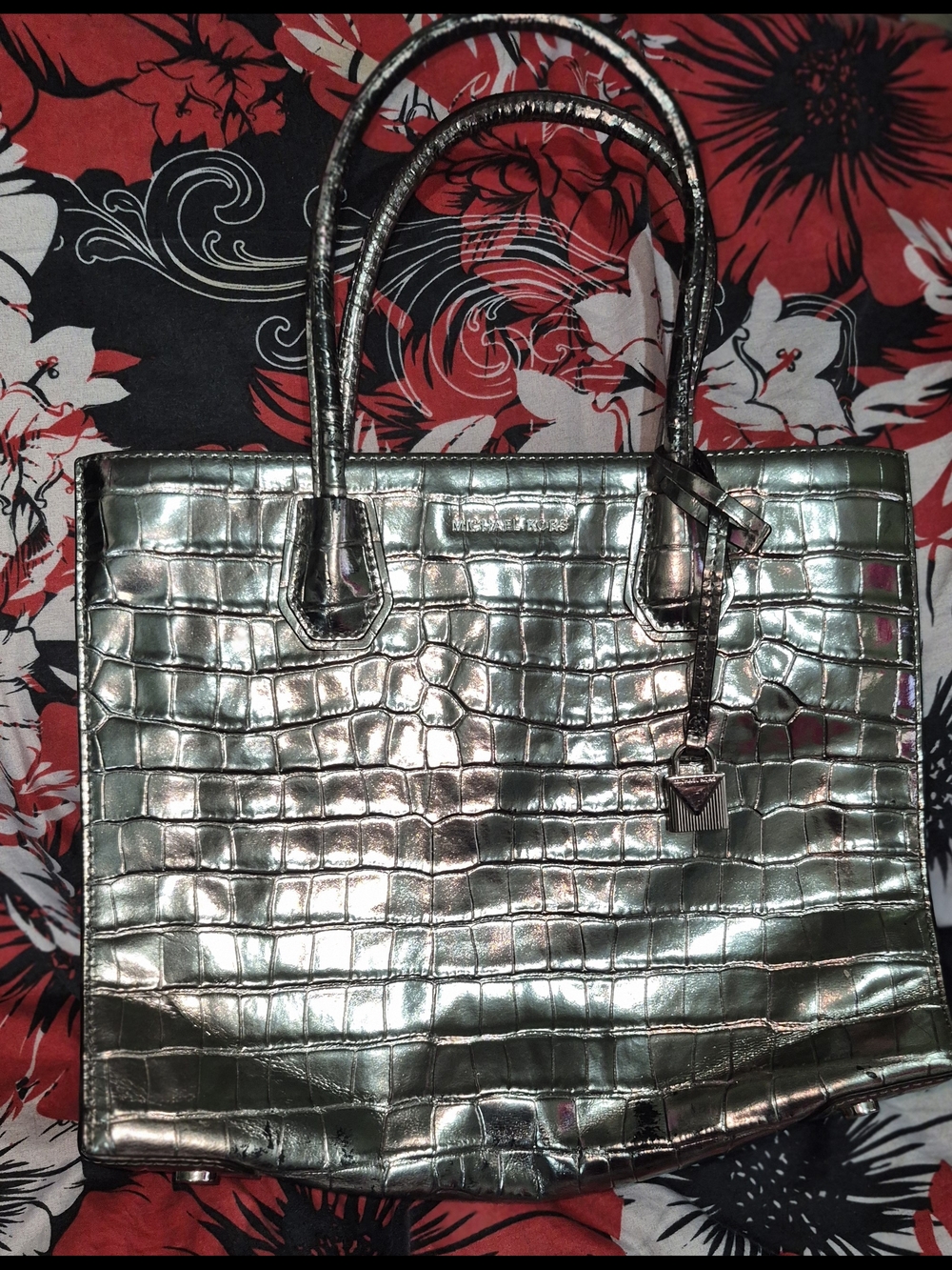 Michael Kors Metallic Silver Croc-Embossed Tote
